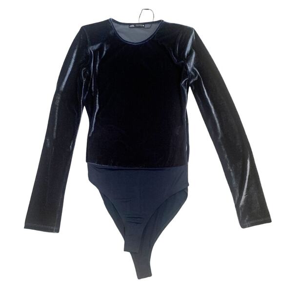 ZARA Dark Blue Gray Velvet Look Bodysuit Long Sleeves Size Small Party Elegant - Picture 1 of 12